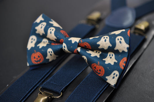 Halloween Ghost & Pumpkin Bow tie Bowtie + Navy Blue Suspenders Braces for Men / Youth Teenage/ Boys Kids / Baby Infant Toddler