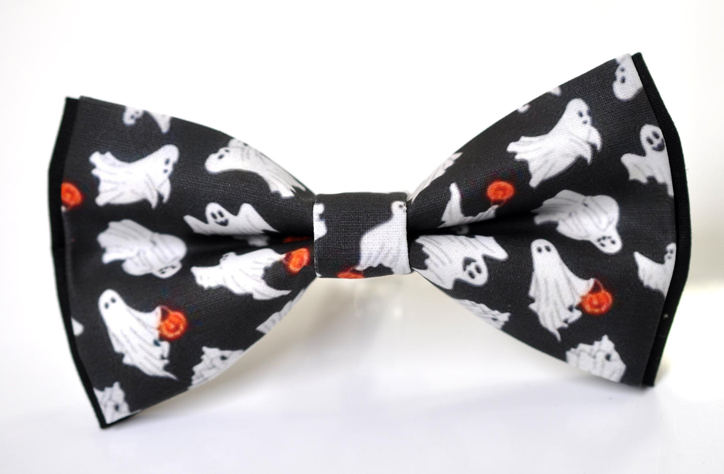 Halloween Bow Tie – White Ghost & Pumpkin Print - Black Handmade Bowtie for Party, Costume for Men / Youth / Boy Kids / Toddler Baby Infant