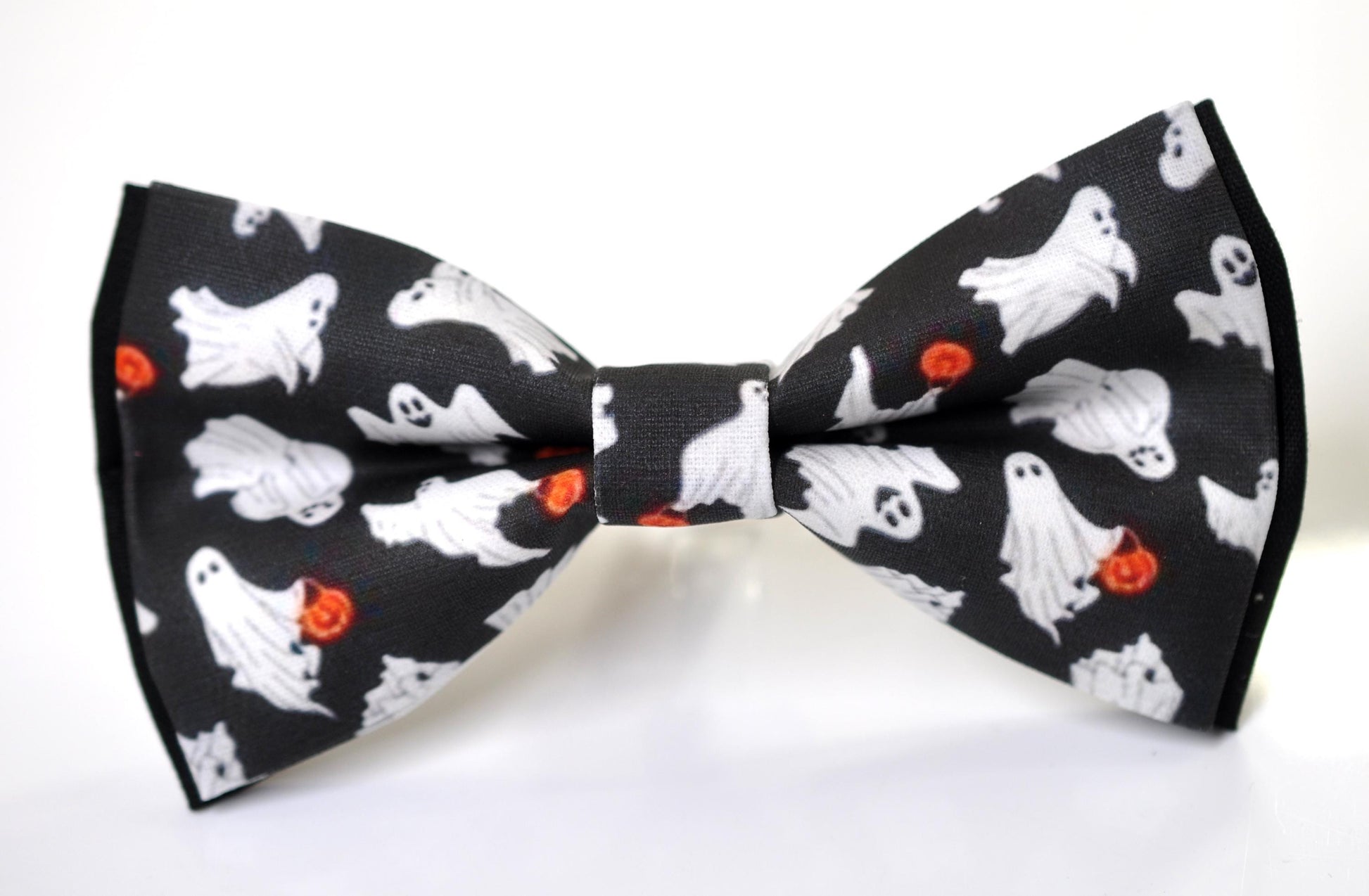 Halloween Bow Tie – White Ghost & Pumpkin Print - Black Handmade Bowtie for Party, Costume for Men / Youth / Boy Kids / Toddler Baby Infant