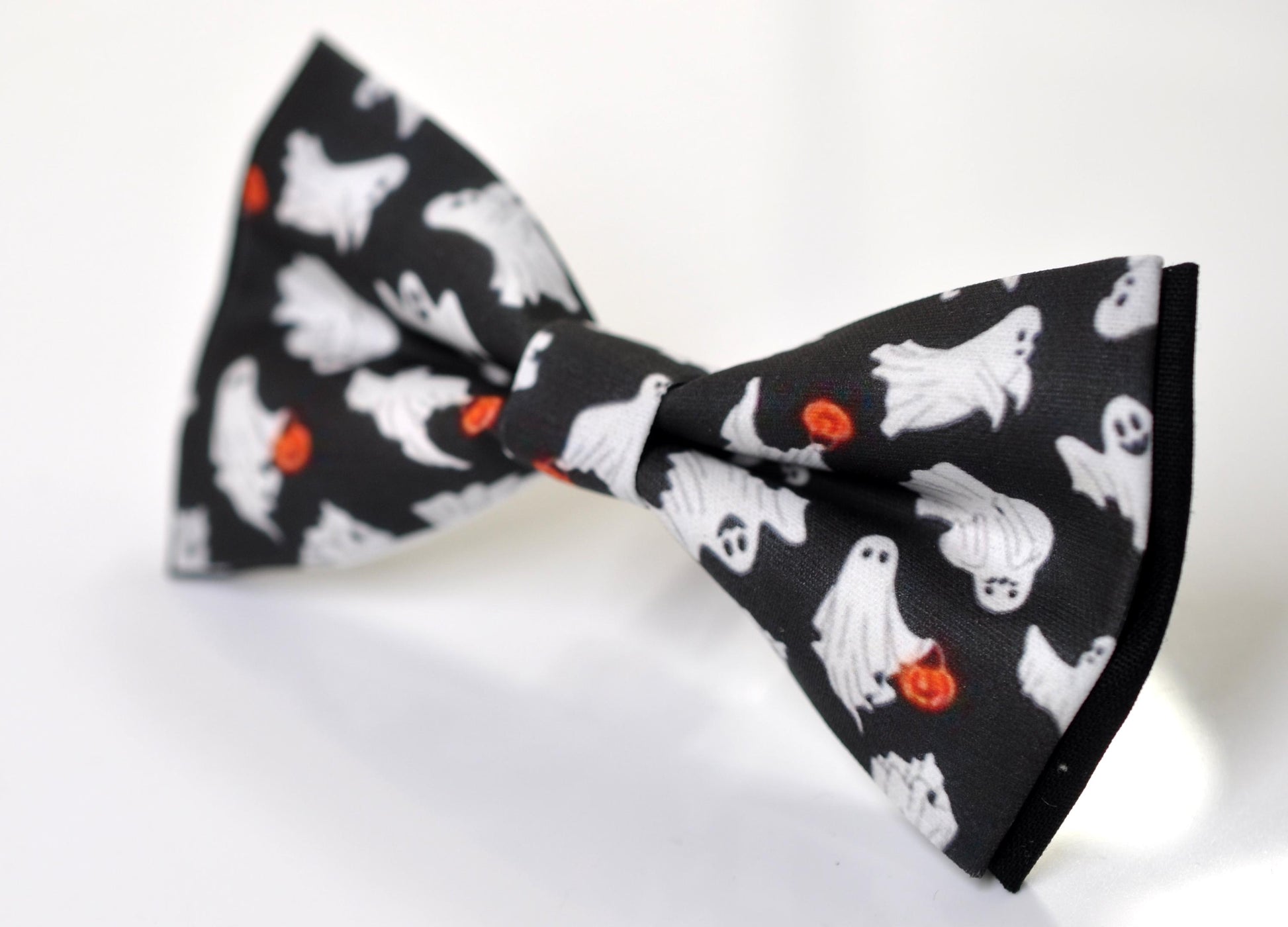 Halloween Bow Tie – White Ghost & Pumpkin Print - Black Handmade Bowtie for Party, Costume for Men / Youth / Boy Kids / Toddler Baby Infant