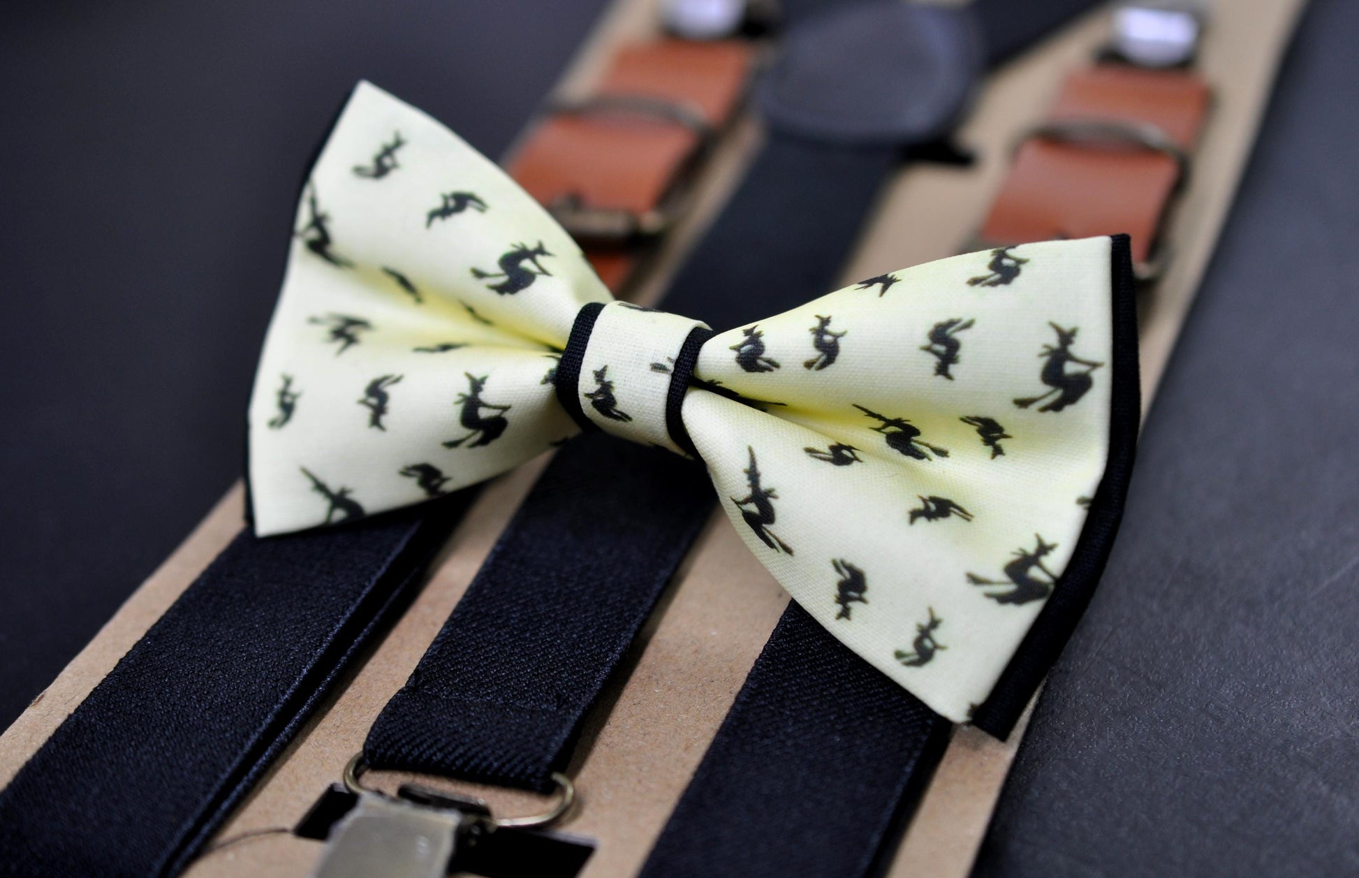 Halloween Black Witch on Broomstick Bow tie Bowtie + Black Suspenders Braces for Men / Youth Teenage/ Boys Kids / Baby Infant Toddler
