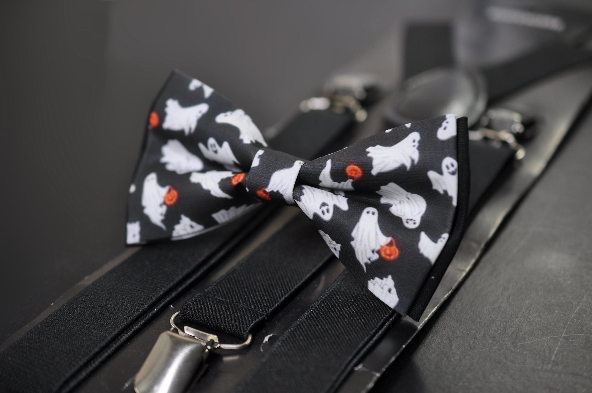 Halloween White Ghost & Pumpkin Print Bow tie Bowtie + Black Suspenders Braces for Men / Youth Teenage/ Boys Kids / Baby Infant Toddler