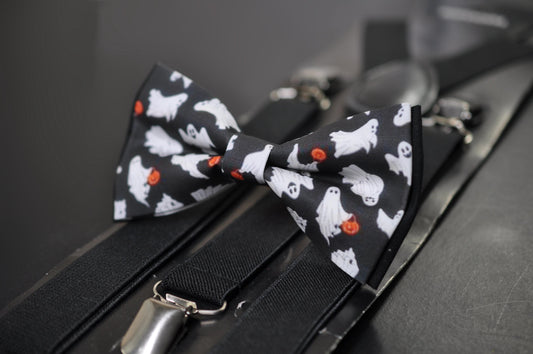 Halloween White Ghost & Pumpkin Print Bow tie Bowtie + Black Suspenders Braces for Men / Youth Teenage/ Boys Kids / Baby Infant Toddler
