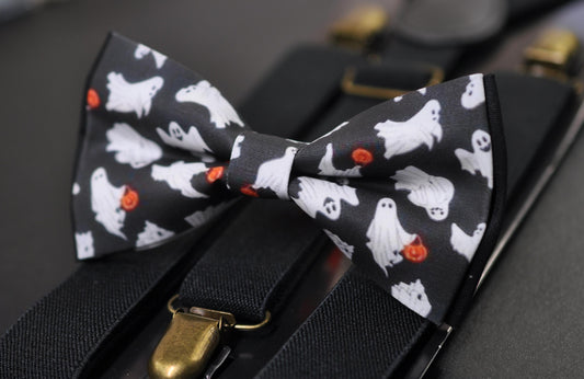 Halloween Pumpkins and Ghost Bow tie Bowtie + Black Suspenders Braces for Men / Youth Teenage/ Boys Kids / Baby Infant Toddler