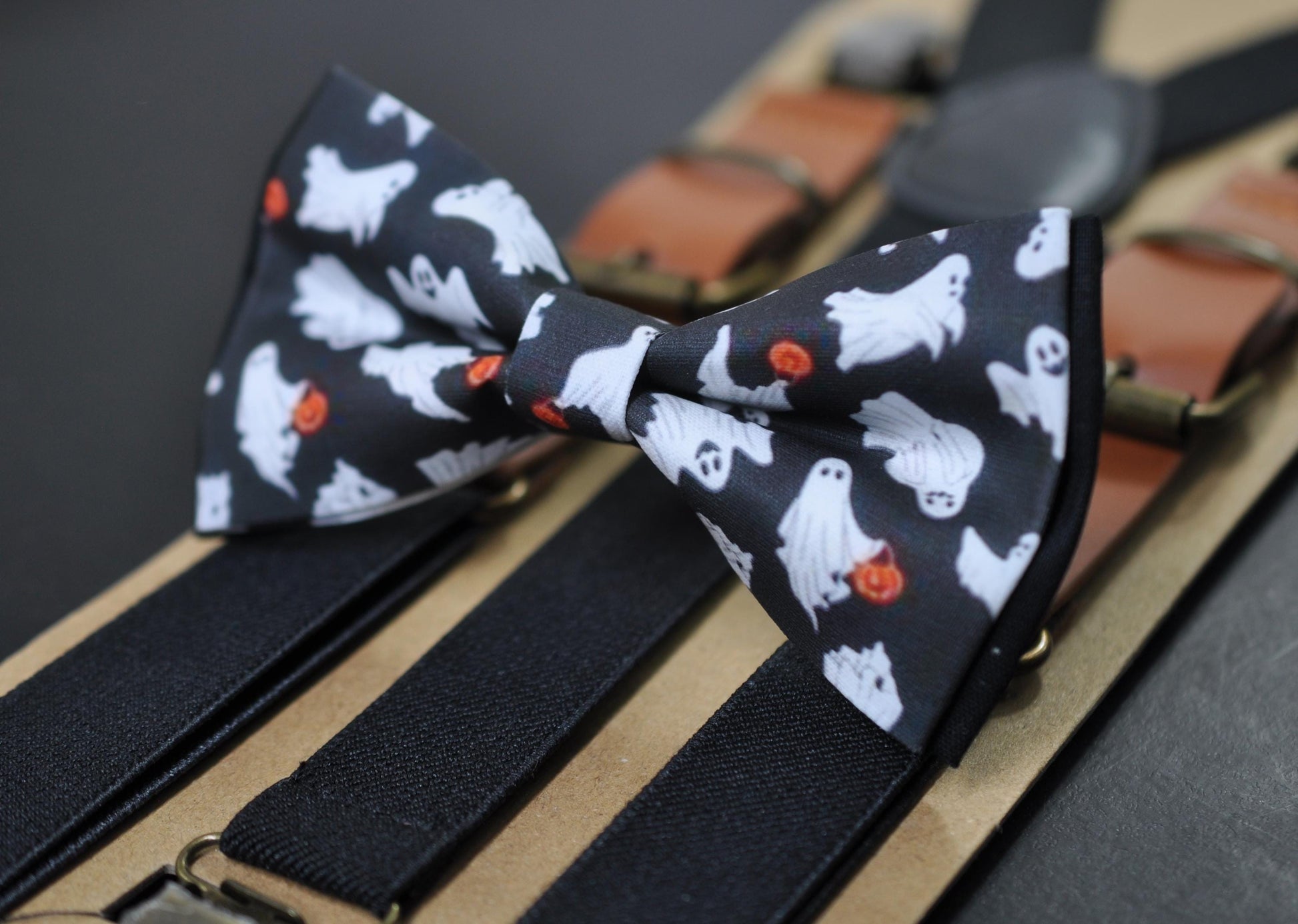 Halloween Pumpkins and Ghost Bow tie Bowtie + Black Suspenders Braces for Men / Youth Teenage/ Boys Kids / Baby Infant Toddler
