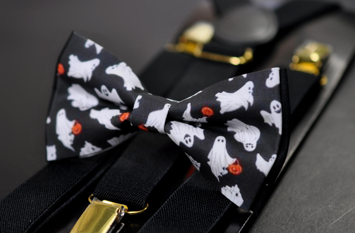Halloween Pumpkins and Ghost Bow tie Bowtie + Black Suspenders Braces for Men / Youth Teenage/ Boys Kids / Baby Infant Toddler