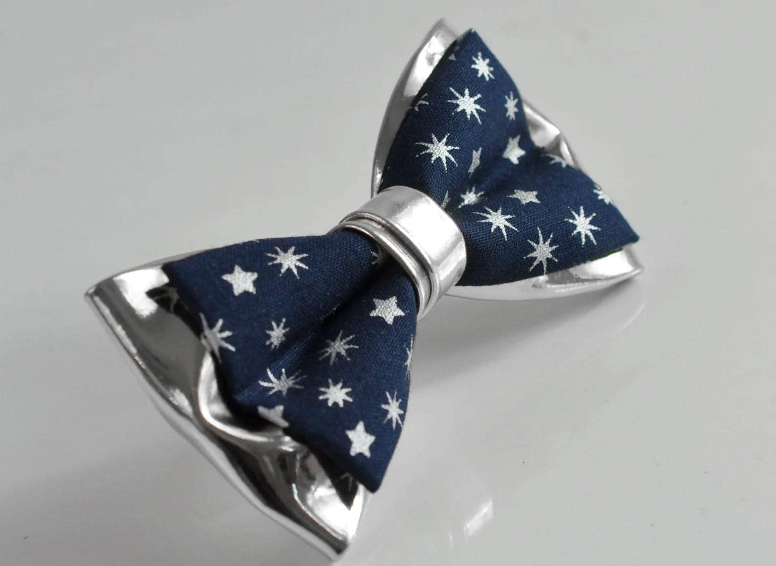 Navy Blue Cotton Snowflake Stars SILVER Faux Leather Xmas Christmas Pretied Bow Tie for Men Adult / Youth / Boy Kids / Baby Infant Toddler