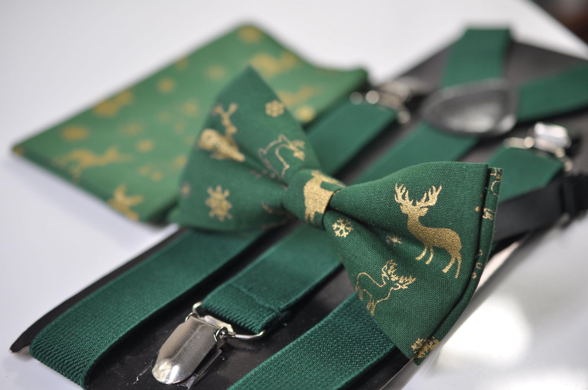 Gold Elk Elks Green Christmas Bow tie Bowtie + Pocket Squares +Green Tan Suspenders Braces Men /Youth/ Boys Kids/ Baby Infant Toddler