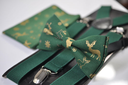 Gold Elk Elks Green Christmas Bow tie Bowtie + Pocket Squares +Green Tan Suspenders Braces Men /Youth/ Boys Kids/ Baby Infant Toddler
