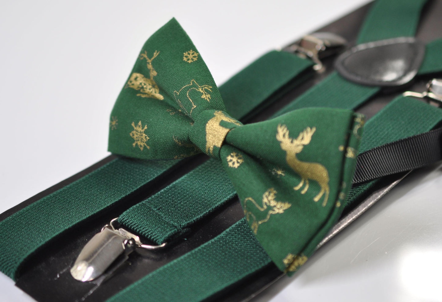 Gold Elk Elks Green Christmas Bow tie Bowtie + Pocket Squares +Green Tan Suspenders Braces Men /Youth/ Boys Kids/ Baby Infant Toddler