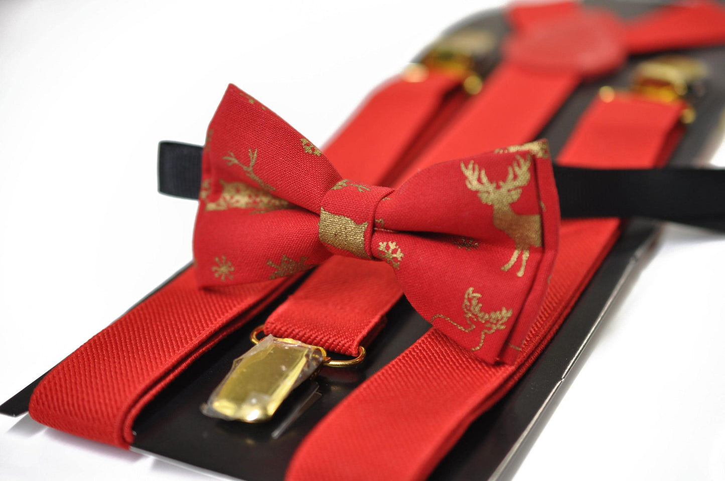 Gold Elk Elks Red Christmas Bow tie Bowtie + Pocket Squares +Red Suspenders Braces Men /Youth/ Boys Kids/ Baby Infant Toddler