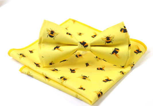 YELLOW BEES Bee Pattern Cotton Bow tie Bowtie + matched pocket Square Hanky Handkerchief Wedding for Men / Youth / Boys Kids / Baby Infant