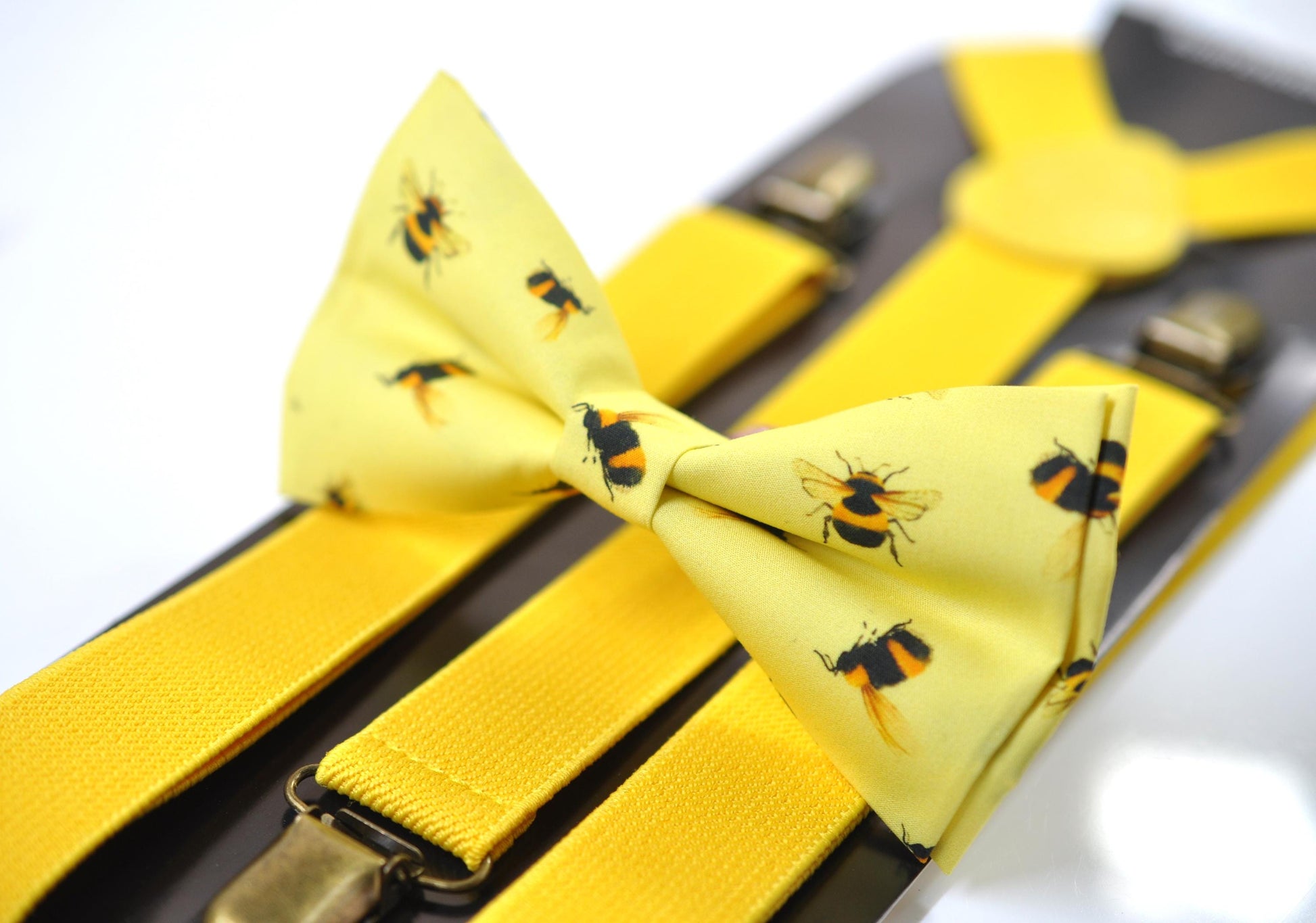 Yellow Bee Bees Cotton Bow tie + Yellow Elastic Suspenders Braces for Men / Youth Teenage / Boy Kids / Baby Infant Todler