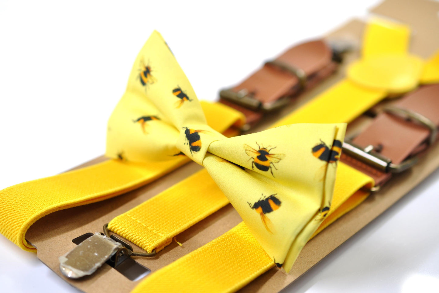 Yellow Bee Bees Cotton Bow tie + Yellow Elastic Suspenders Braces for Men / Youth Teenage / Boy Kids / Baby Infant Todler