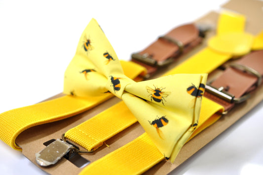 Yellow Bee Bees Cotton Bow tie + Yellow Elastic Suspenders Braces for Men / Youth Teenage / Boy Kids / Baby Infant Todler