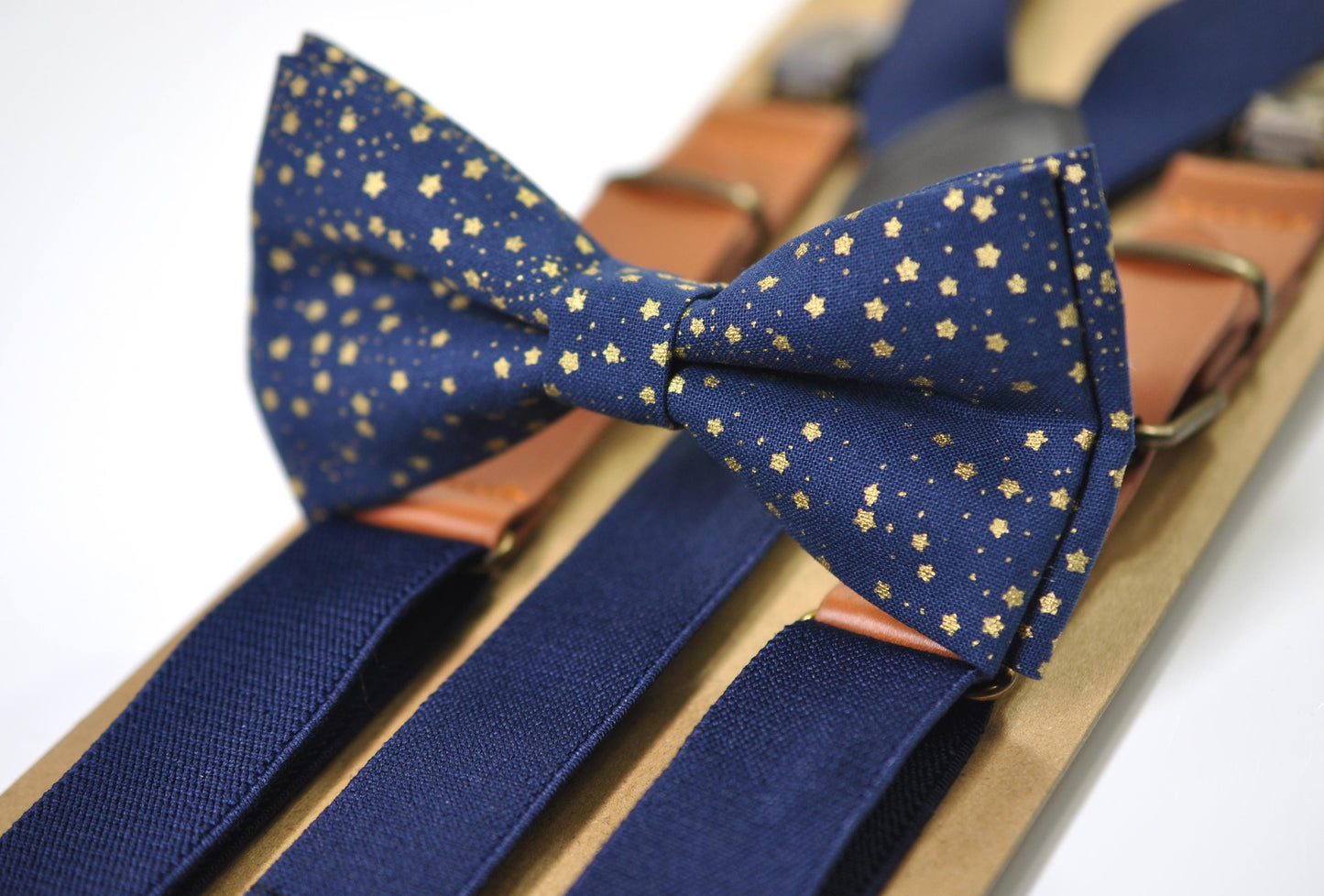 Gold Stars Navy Blue Christmas Xmas Bow tie Bowtie + Blue Elastic Suspenders Braces Men /Youth/ Boys Kids / Baby Infant Toddler
