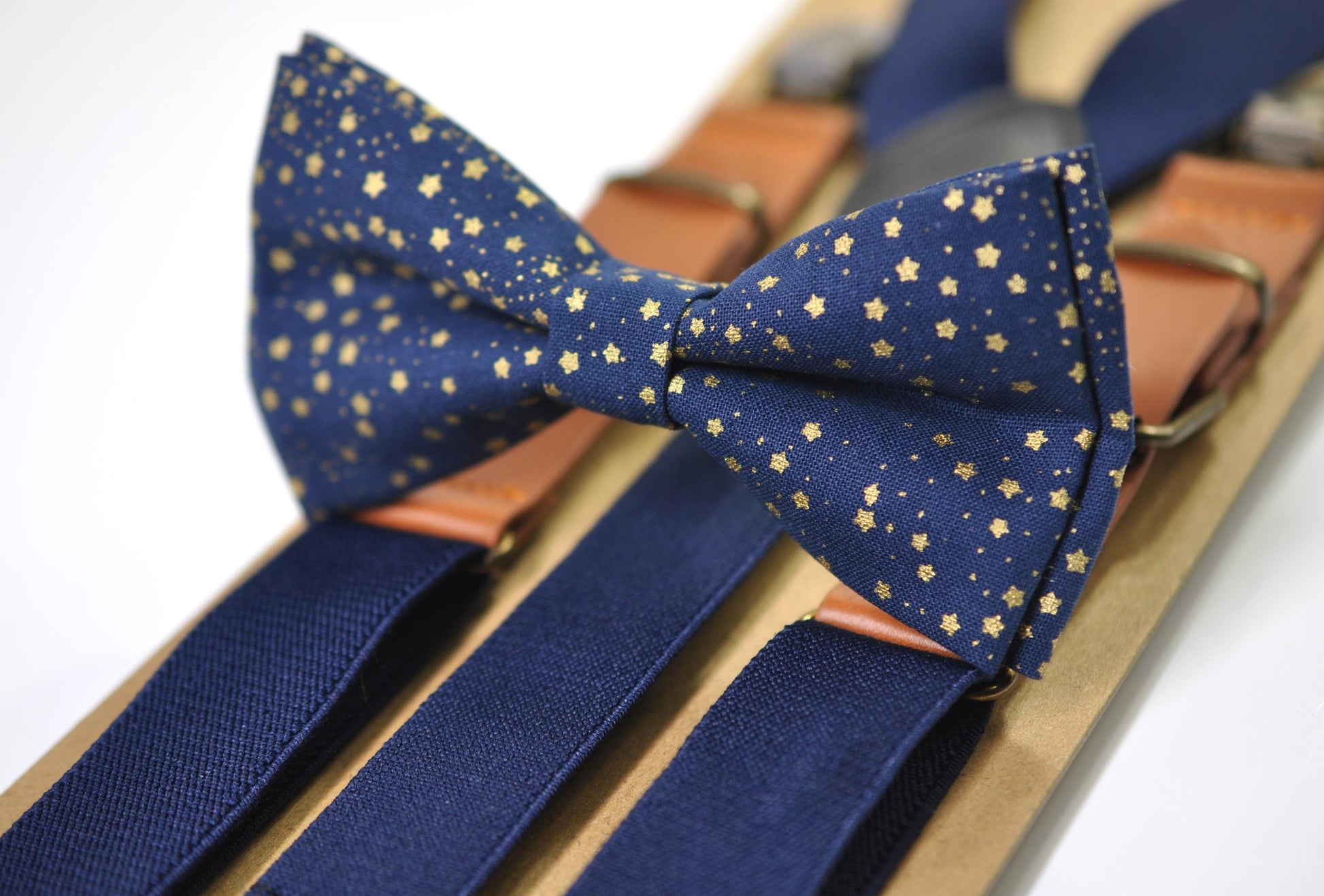 Gold Stars Navy Blue Christmas Xmas Bow tie Bowtie + Blue Elastic Suspenders Braces Men /Youth/ Boys Kids / Baby Infant Toddler