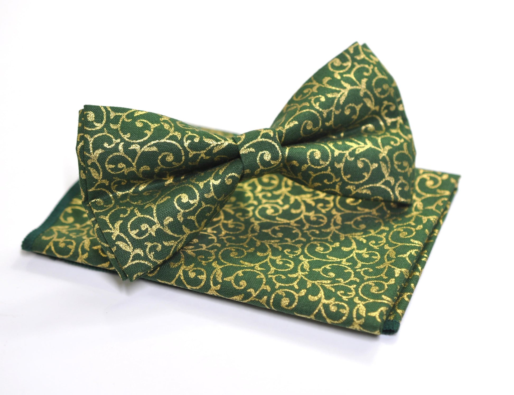 Gold Floral Pattern Christmas Xmas Cotton Green Bow tie Bowtie Pocket Square for Baby Infant Toddler / Boy Kids / Youth / Men Adult