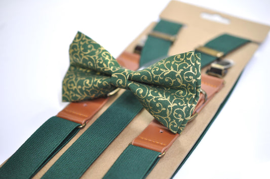 Christmas Xmas Cotton GREEN Floral Pattern Bow tie + Green Suspenders Braces for Men / Youth / Boys Kids / Baby Infant Toddler