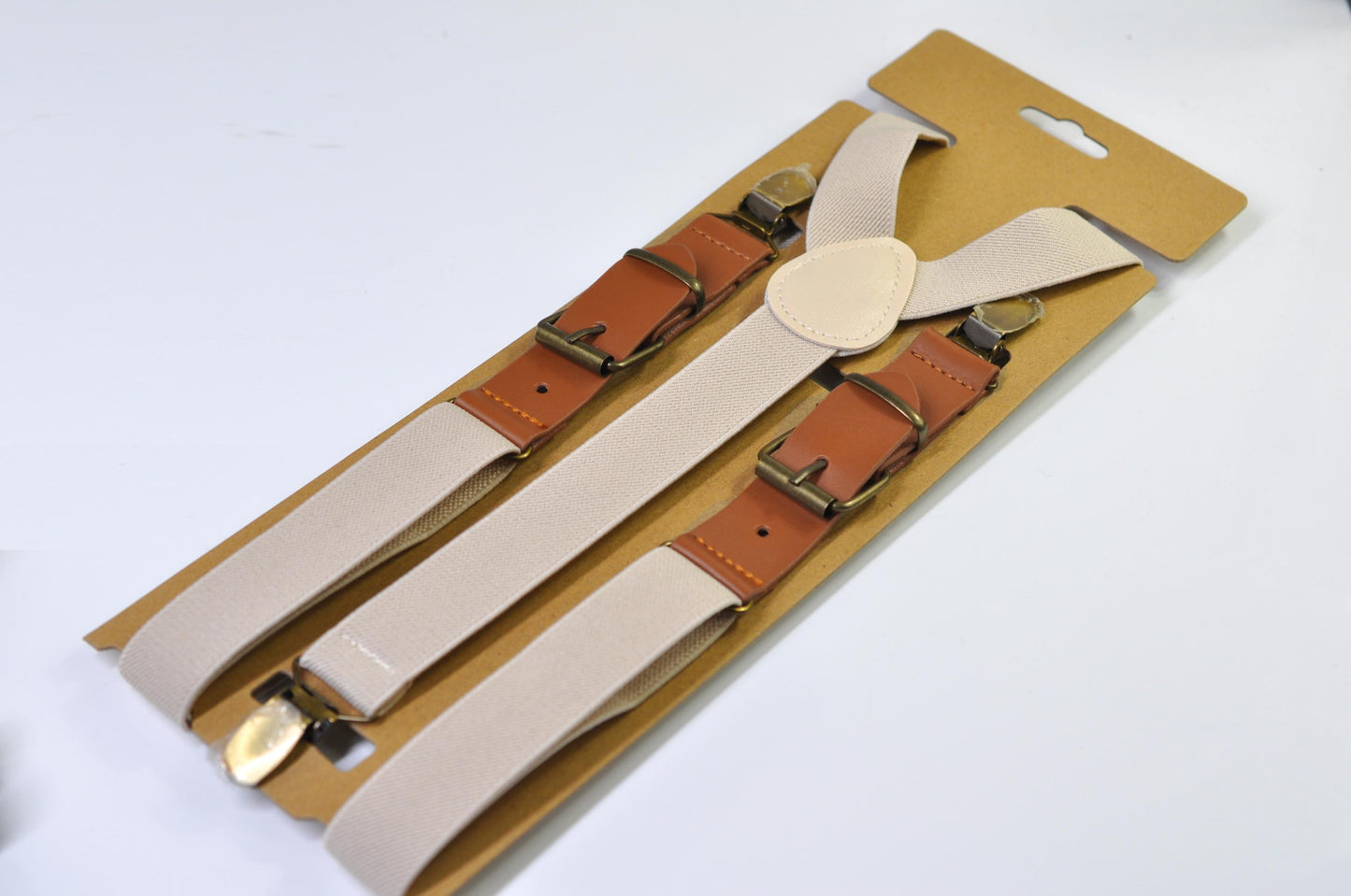 Sand and Tan Brown 25MM Elastic Faux Leather Suspenders Braces Quality Silver Clips Men Adult / Youth / Kids Boy /Toddler Baby Infant