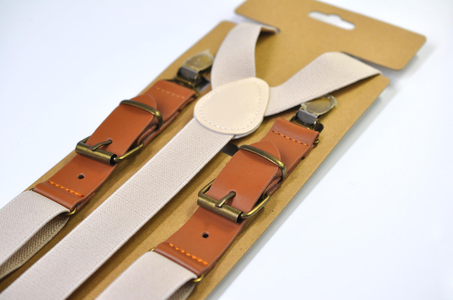 Sand and Tan Brown 25MM Elastic Faux Leather Suspenders Braces Quality Silver Clips Men Adult / Youth / Kids Boy /Toddler Baby Infant