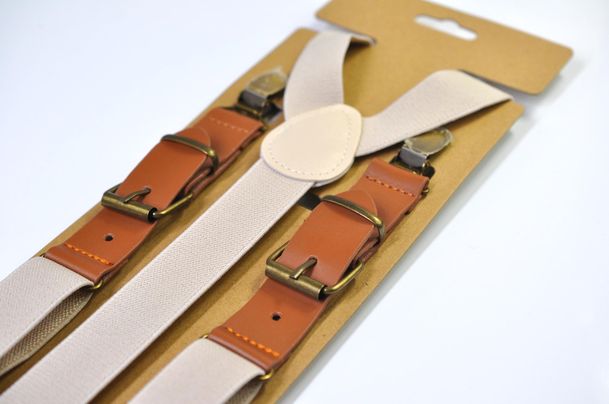 Sand and Tan Brown 25MM Elastic Faux Leather Suspenders Braces Quality Silver Clips Men Adult / Youth / Kids Boy /Toddler Baby Infant