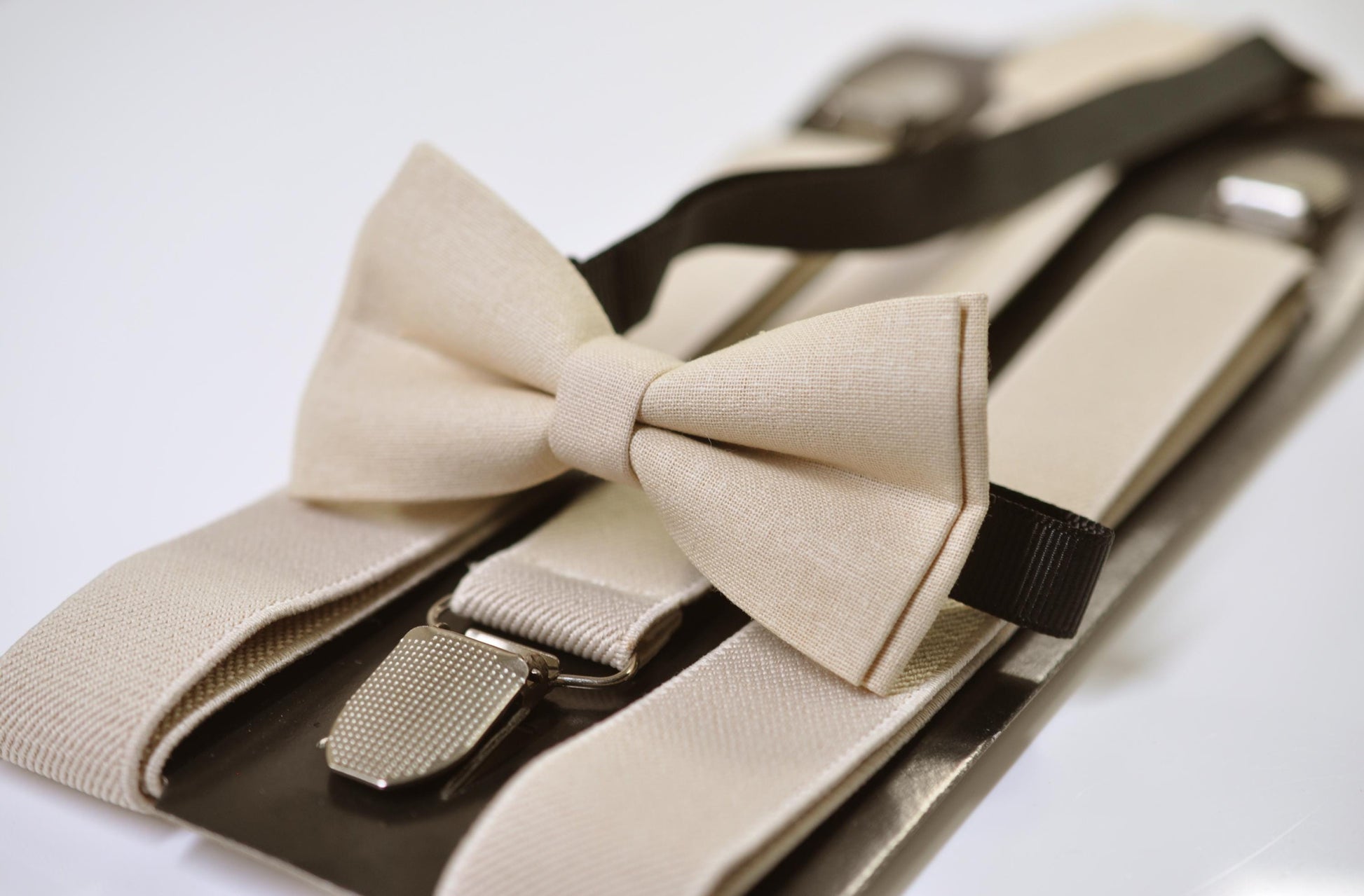 Light Beige Sand Pale Brown Cotton Bow tie + Elastic Suspenders Braces for Men / Youth Teenage / Boys Kids / Baby Infant Toddler