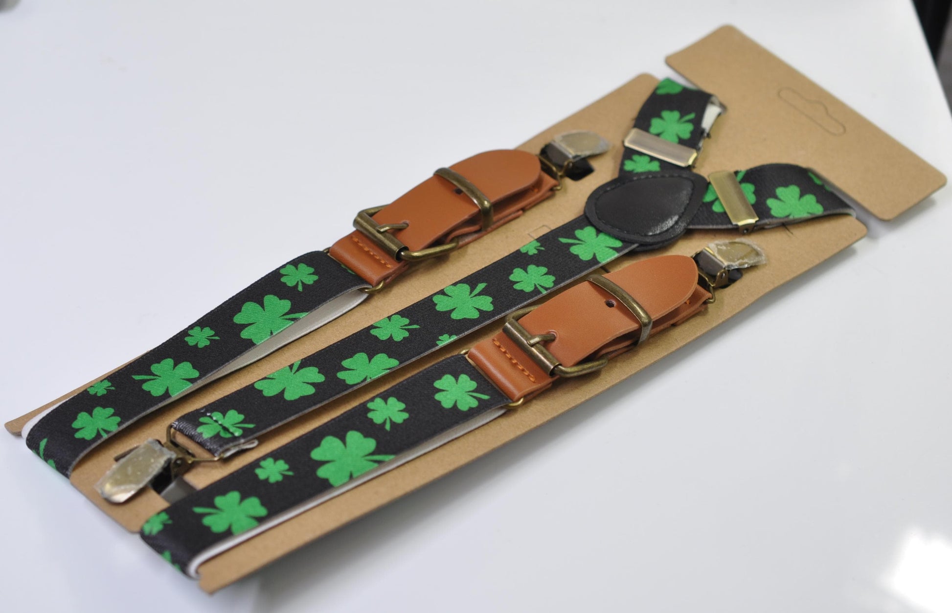 St Patrick's Day Clover Suspenders - Green Elastic Y-Back Braces