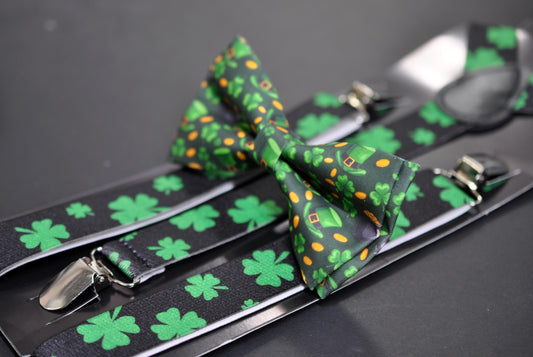 Happy St Patrick’s Day Green Clover Four-leaf Clovers Bow tie + Black Suspenders Braces for Men / Youth / Boy Kids / Baby Infant Toddler