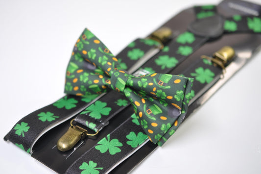Happy St Patrick’s Day Green Clover Four-leaf Clovers Bow tie + Black Suspenders Braces for Men / Youth / Boy Kids / Baby Infant Toddler