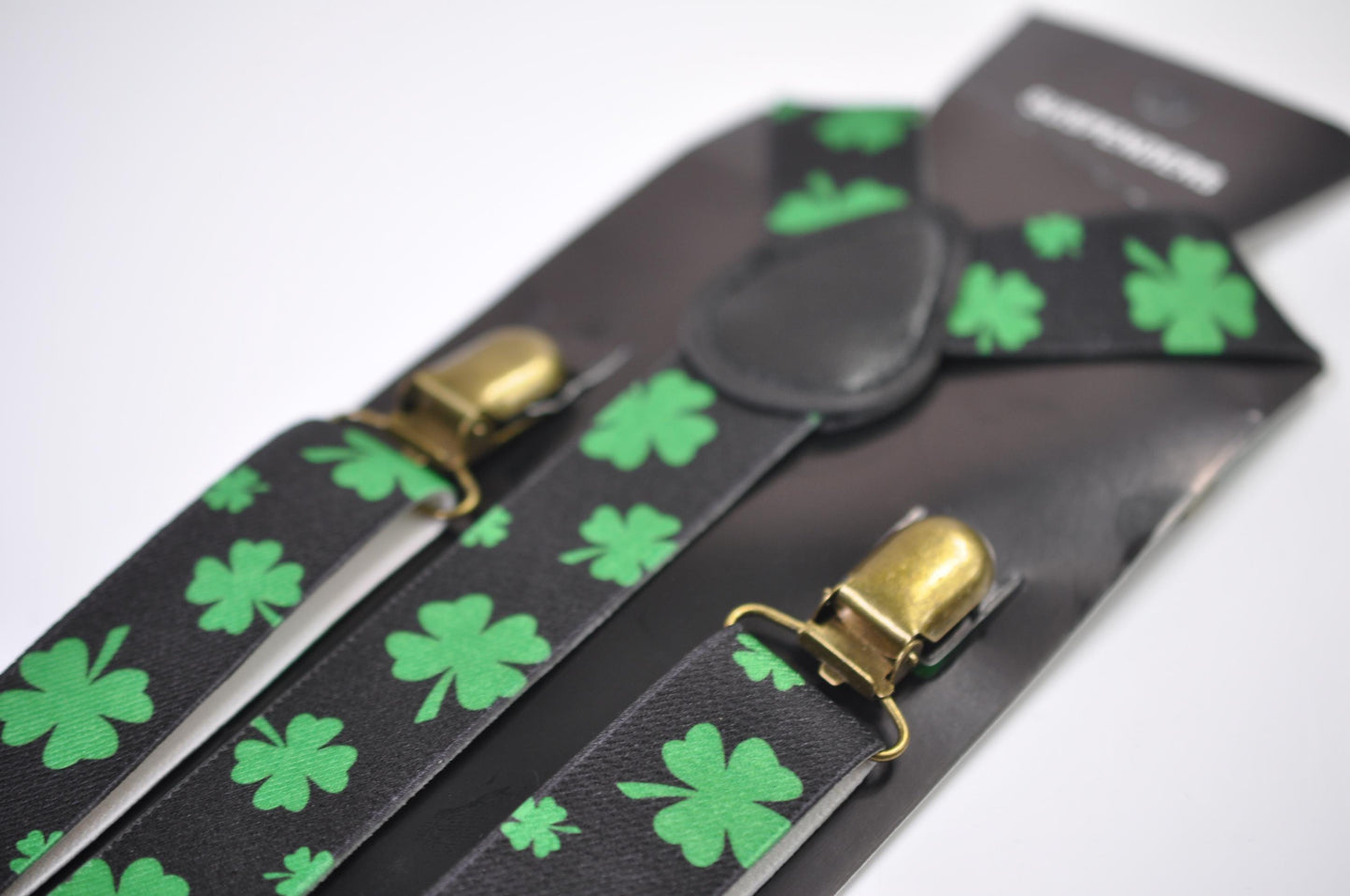 Happy St Patrick’s Day Green Clover Four-leaf Clovers Bow tie + Black Suspenders Braces for Men / Youth / Boy Kids / Baby Infant Toddler