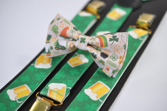 Happy St Patrick’s Day Green Rainbow Clover Ivory Bow tie + Green Beer Mugs Suspenders Braces for Men /Youth/ Boy Kids / Baby Infant Toddler
