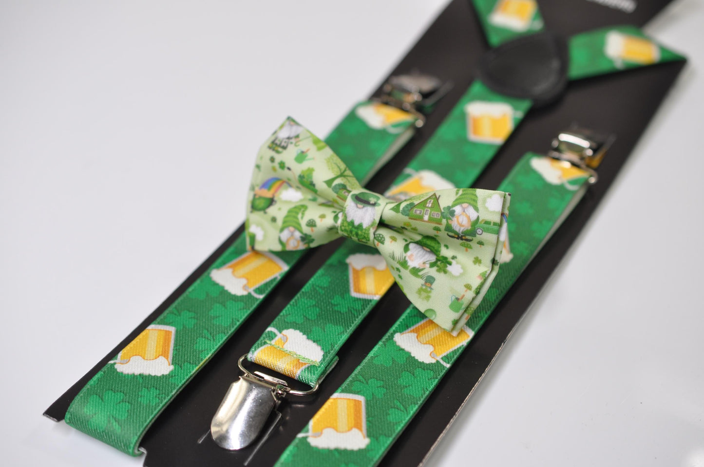 Happy St Patrick’s Day Green Rainbow Clover Green Bow tie + Green Beer Mugs Suspenders Braces for Men /Youth/ Boy Kids / Baby Infant Toddler