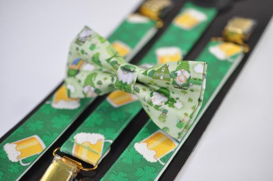 Happy St Patrick’s Day Green Rainbow Clover Green Bow tie + Green Beer Mugs Suspenders Braces for Men /Youth/ Boy Kids / Baby Infant Toddler