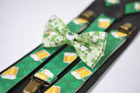 Happy St Patrick’s Day Green Rainbow Clover Green Bow tie + Green Beer Mugs Suspenders Braces for Men /Youth/ Boy Kids / Baby Infant Toddler