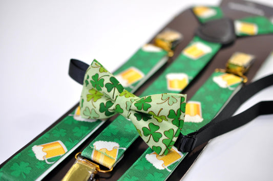 Happy St Patrick’s Day Green Clover Four-leaf Clovers Bow tie + Beer Mugs Suspenders Braces Men /Youth/ Boy Kids / Baby Infant Toddler