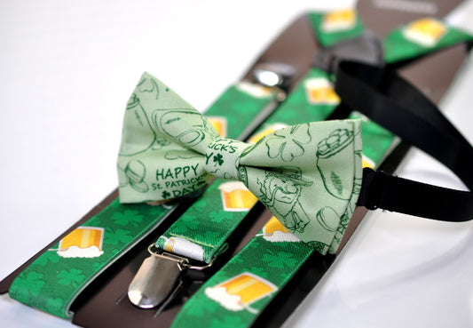 Happy St Patrick’s Day Green Clover Four-leaf Clovers Bow tie + Beer Mugs Suspenders Braces Men /Youth/ Boy Kids / Baby Infant Toddler