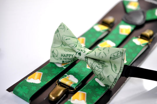 Happy St Patrick’s Day Green Clover Four-leaf Clovers Bow tie + Beer Mugs Suspenders Braces Men /Youth/ Boy Kids / Baby Infant Toddler