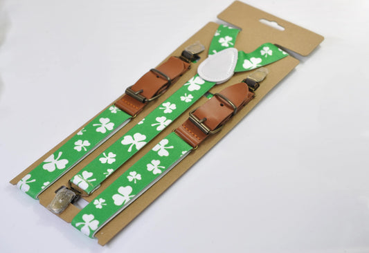 Happy St Patrick’s Day Green White Clover Four-leaf Clovers 25MM Y-Back Suspenders Braces for Men / Youth/ Kids Boy /Toddler Baby Infant