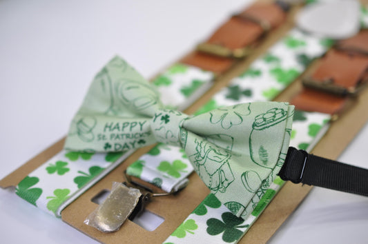 Happy St Patrick’s Day Green Clover Four-leaf Clovers Bow tie + Green White Suspenders Braces Men /Youth/ Boy Kids / Baby Infant Toddler