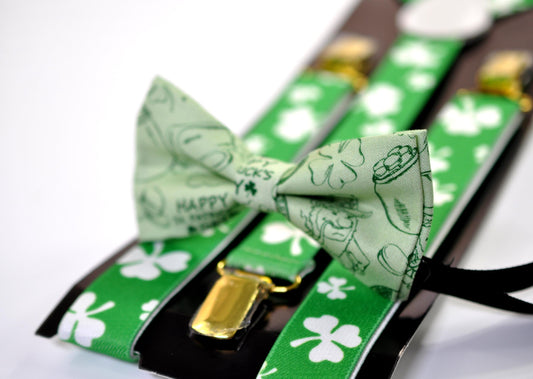 Happy St Patrick’s Day Green Clover Four-leaf Clovers Bow tie + Green White Suspenders Braces Men /Youth/ Boy Kids / Baby Infant Toddler