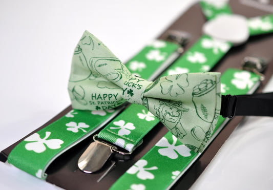 Happy St Patrick’s Day Green Clover Four-leaf Clovers Bow tie + Green White Suspenders Braces Men /Youth/ Boy Kids / Baby Infant Toddler