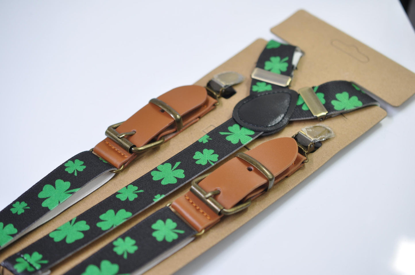 St Patrick's Day Clover Suspenders - Green Elastic Y-Back Braces