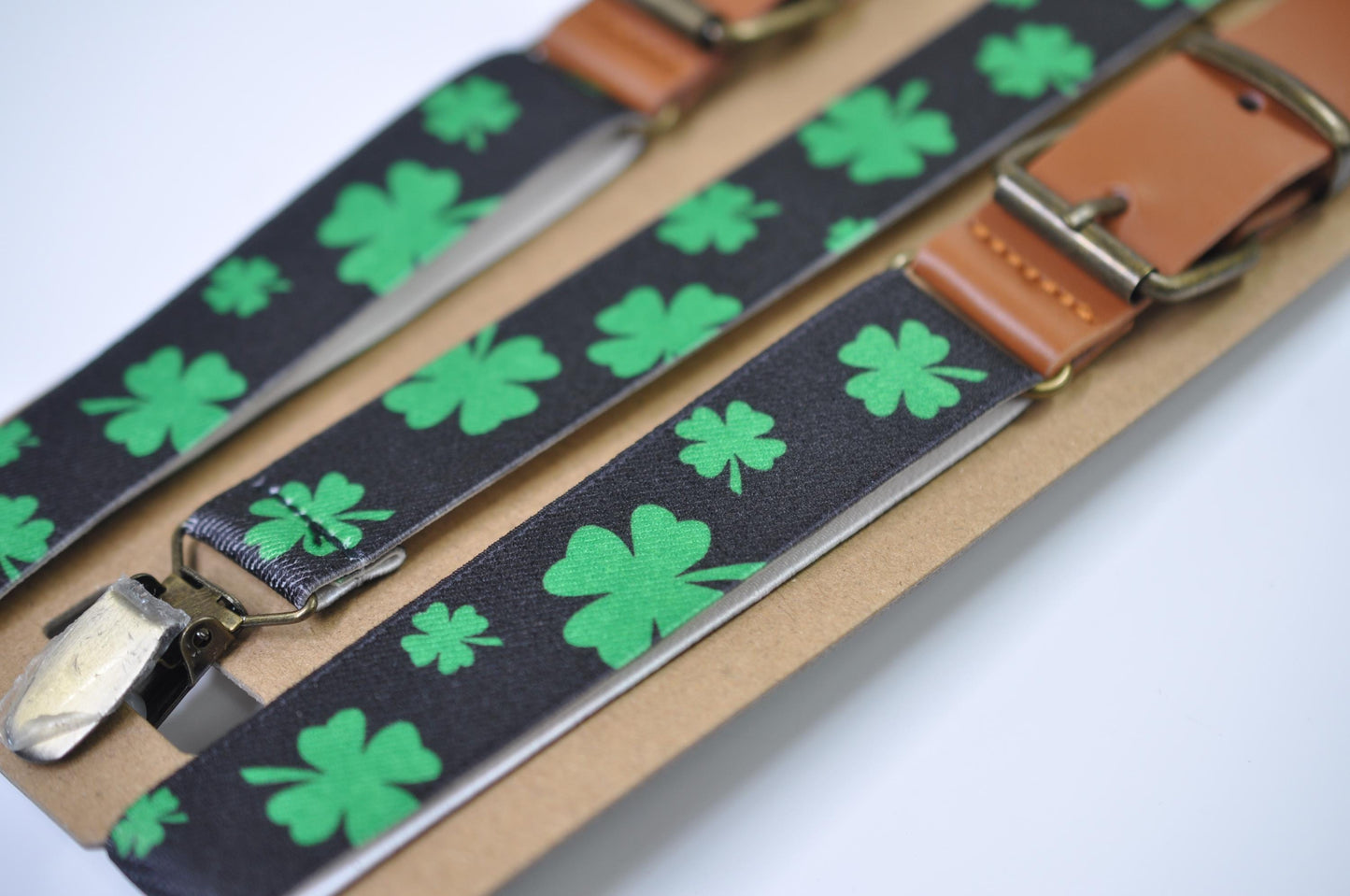 St Patrick's Day Clover Suspenders - Green Elastic Y-Back Braces