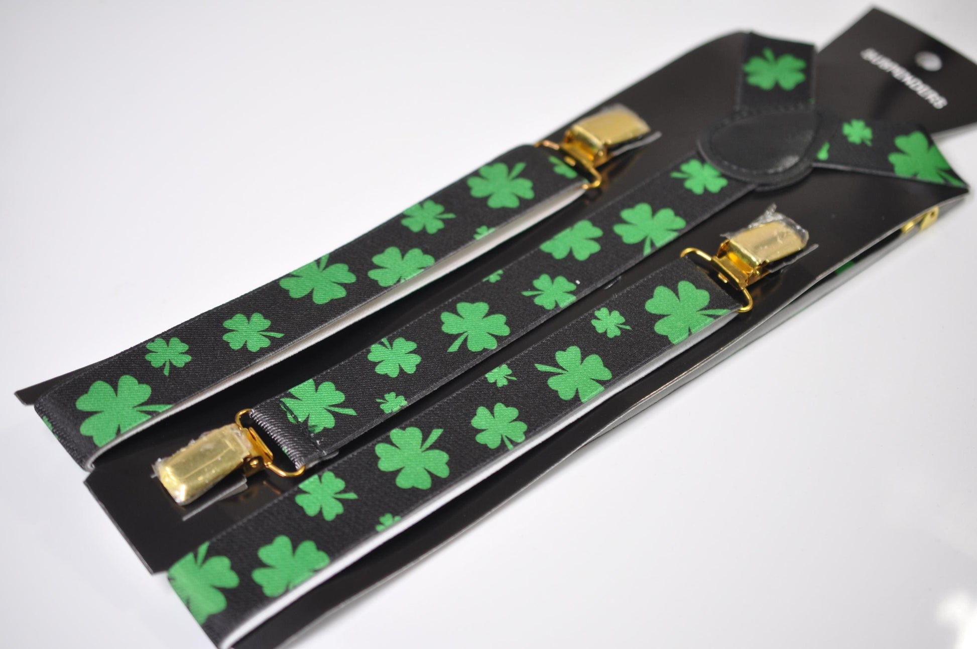 St Patrick's Day Clover Suspenders - Green BLACK Elastic Y-Back Braces