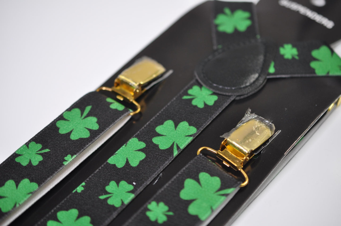 St Patrick's Day Clover Suspenders - Green BLACK Elastic Y-Back Braces