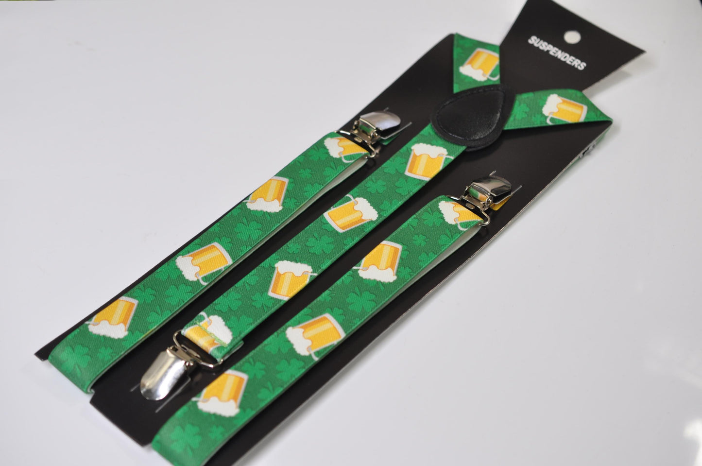St Patrick's Day Clover St. Pats Clovers and Beer Mugs Green Multicolour, 1-Inch Wide Suspenders Elastic Y-Back Braces