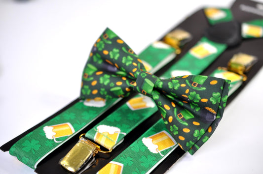 Happy St Patrick’s Day Green Four-leaf Clovers Bow tie + Green Beer Mugs Suspenders Braces for Men / Youth / Boy Kids / Baby Infant Toddler