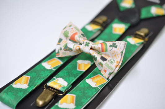 Happy St Patrick’s Day Green Rainbow Clover Ivory Bow tie + Green Beer Mugs Suspenders Braces for Men /Youth/ Boy Kids / Baby Infant Toddler