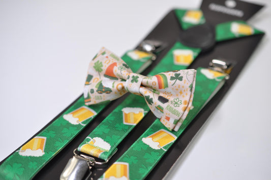 Happy St Patrick’s Day Green Rainbow Clover Ivory Bow tie + Green Beer Mugs Suspenders Braces for Men /Youth/ Boy Kids / Baby Infant Toddler